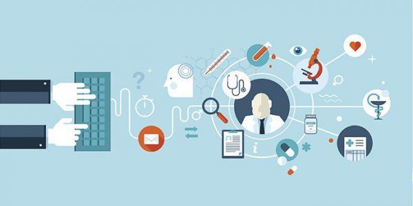 Ilustração que mostra uma pessoa pesquisando por um médico